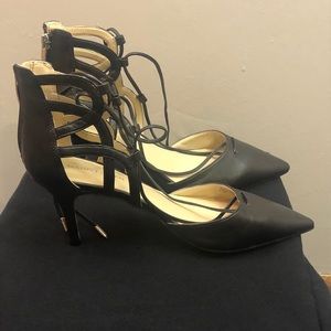 Marc Fisher Ankle Wrap Black Leather Heels Sz 7.5